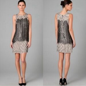 Alice & Olivia Betsy Sequin Beaded Shift Dress 100% silk cream and black Sz 8